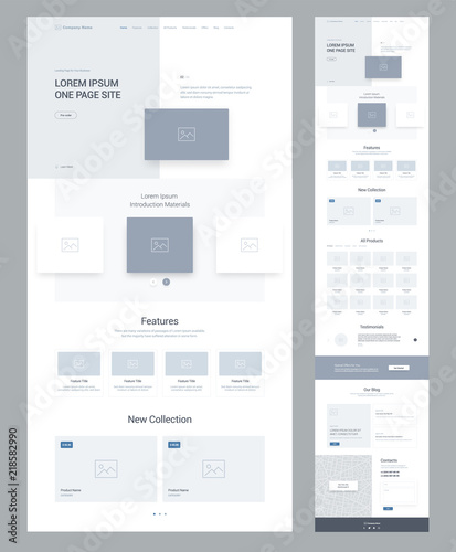 One page website design template for business. Landing page wireframe. Flat modern responsive design. Ux ui website: home, features, collection,  products, testimonials, offers, blog, contacts.