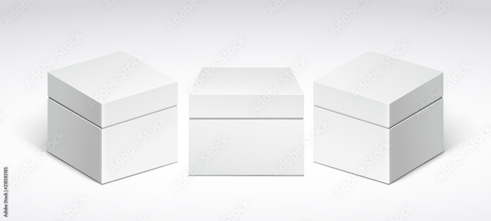 Three white packing boxes with lid, front view and side view. Three white packing boxes with lid, front view and side view.