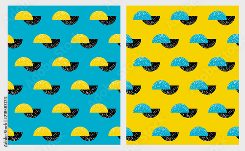 Shaded Yellow, Blue and Black Semi Circles Vector Patterns Set. Simple Abstract Design. Blue and Yellow Backgrounds.
