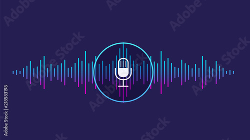 Concept of voice recognition. Sound wave with imitation of voice, sound and microphone icon. photo