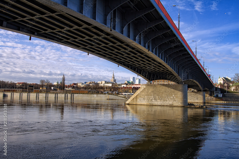 Warsaw - a bridge over the Vistula river with a panorama of the coastal city