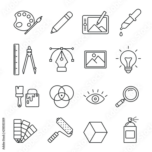 Graphic and web design related icons: thin vector icon set, black and white kit