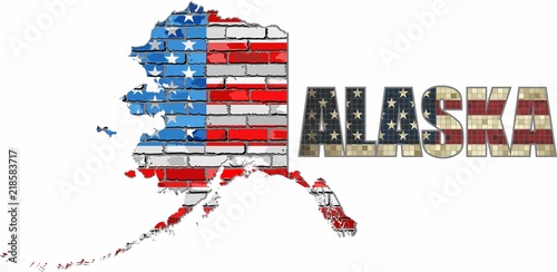 USA state of Alaska on a brick wall - Illustration,
The flag of the state of Alaska on brick textured background, 
Font with the United States flag