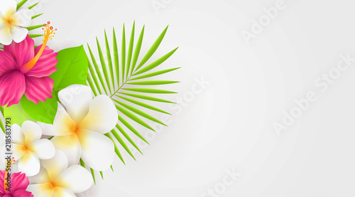 Tropical botanical background with flowers and palm leaves