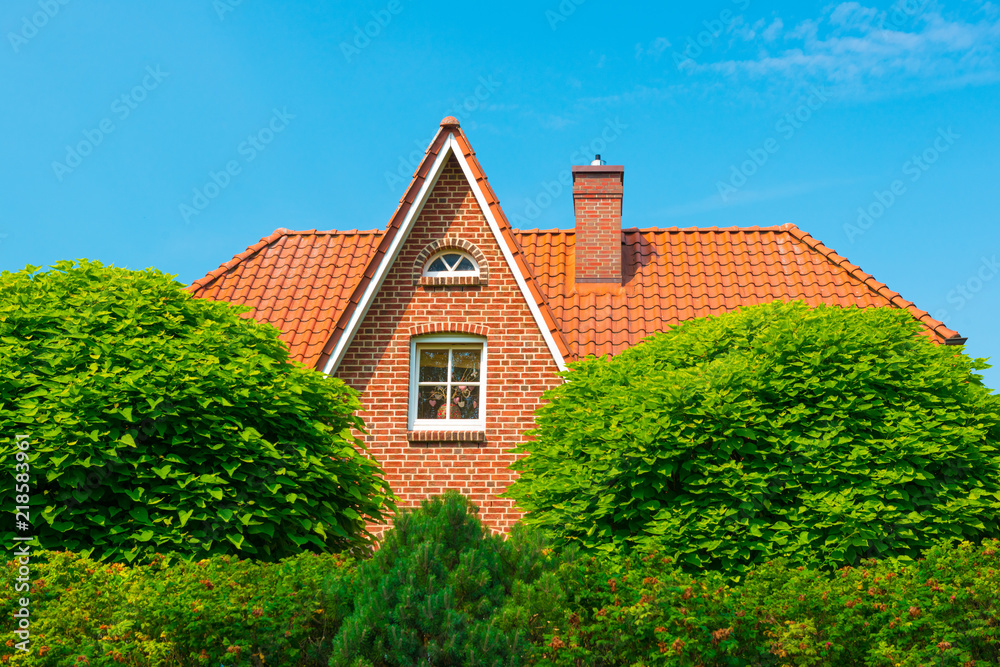Roof of the typical german house hidden in bushes. Clear blue sky on the background