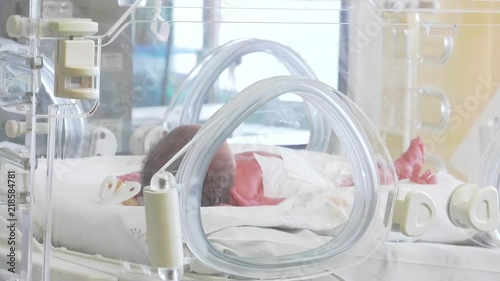 Little feet and hand a newborn baby and newborn babies sleepiing at nursery  at the hospital, focus Neonatology,Cared for by a doctor neonatologist and nurse. Medical devices cardiogram cannula tube. photo