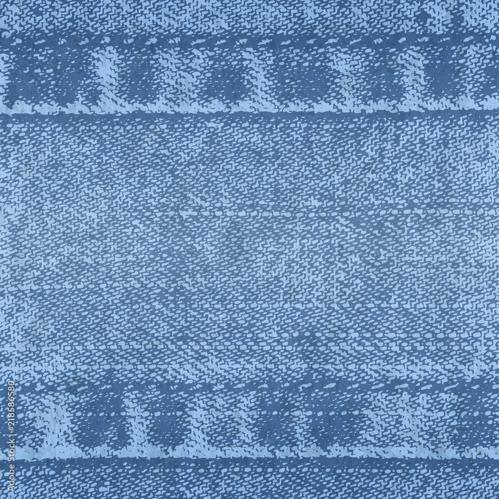 Vector background of denim fabric with seams. Blue bright jeans cloth. Old vintage backdrop with place for your text. Grunge texture in retro style. Horizontal orientation.