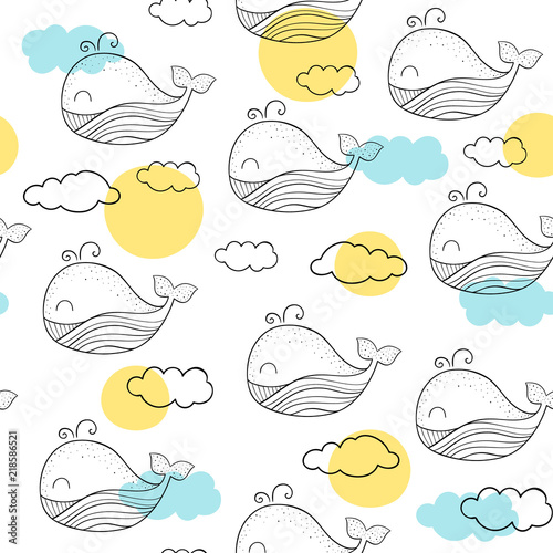 Vector seamless pattern with whales. Scandinavian motives. Baby print. Cute whale