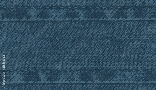 Vector background of denim fabric with seams. Blue dark jeans cloth. Old vintage backdrop with place for your text. Grunge texture in retro style. Horizontal orientation.
