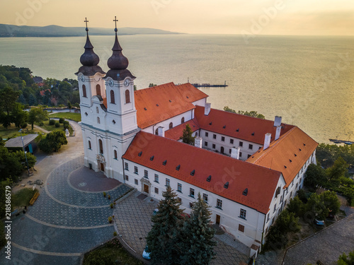Tihany, Hungary - Aerial view of the famous Benedictine Monastery of Tihany (Tihany Abbey) at sunrise