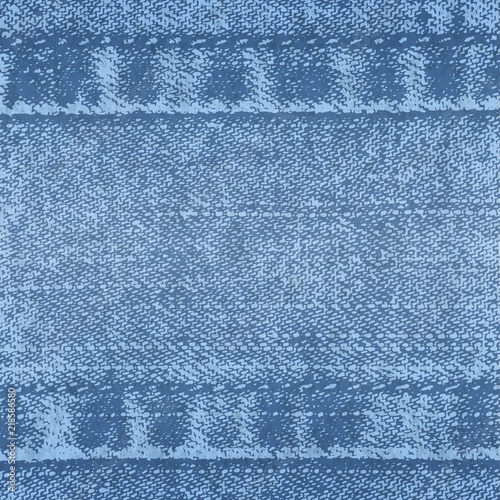 Vector background of denim fabric with seams. Blue bright jeans cloth. Old vintage backdrop with place for your text. Grunge texture in retro style. Horizontal orientation.