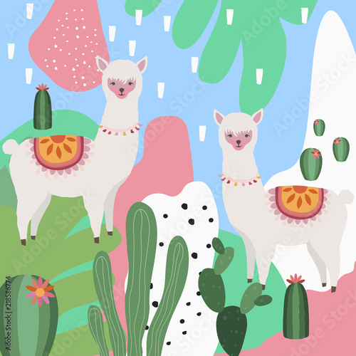 Llama or alpaca with cactus colorful background vector illustration. Llama animal poster design. Llama art print. Wallpaper, fabric, textile, wrapping paper design