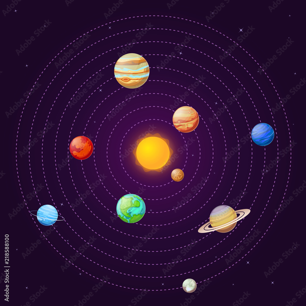 Solar system. Cartoon sun and planets on starry sky. Sun system school astronomy education vector background Solar system. Cartoon sun and planets on starry sky. Sun system school astronomy education vector background