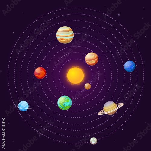 Solar system. Cartoon sun and planets on starry sky. Sun system school astronomy education vector background