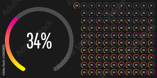 Set of circular sector percentage diagrams from 0 to 100 ready-to-use for web design, user interface (UI) or infographic - indicator with gradient from yellow to magenta (hot pink)