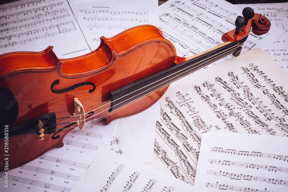 Fototapeta premium the violin lies on scattered notes