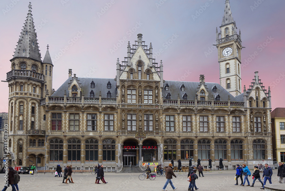 Ghent, Belgium, post office building. Neo-Gothic building of the XX century with an elegant tower-post office of Ghent.