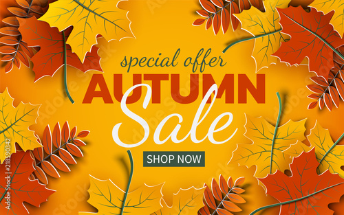 Autumn 3d sale banner, paper colorful tree leaves on yellow background. Autumnal design for fall season sale banner, special offer poster, flyer, web site, paper cut art style, vector illustration