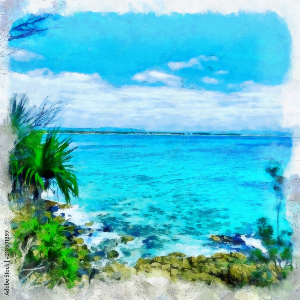 Oil painting. Art print for wall decor. Acrylic artwork. Big size poster. Watercolor drawing. Modern style fine art. Beautiful  tropical exotic landscape. Paradise. Resort view. Blue ocean.