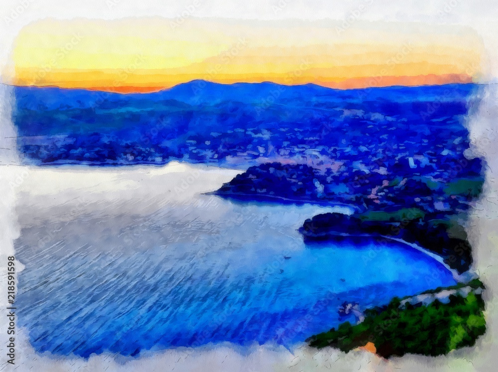 Oil painting. Art print for wall decor. Acrylic artwork. Big size poster. Watercolor drawing. Modern style fine art. Beautiful  tropical exotic landscape. Paradise. Resort view. Mountain sunset.