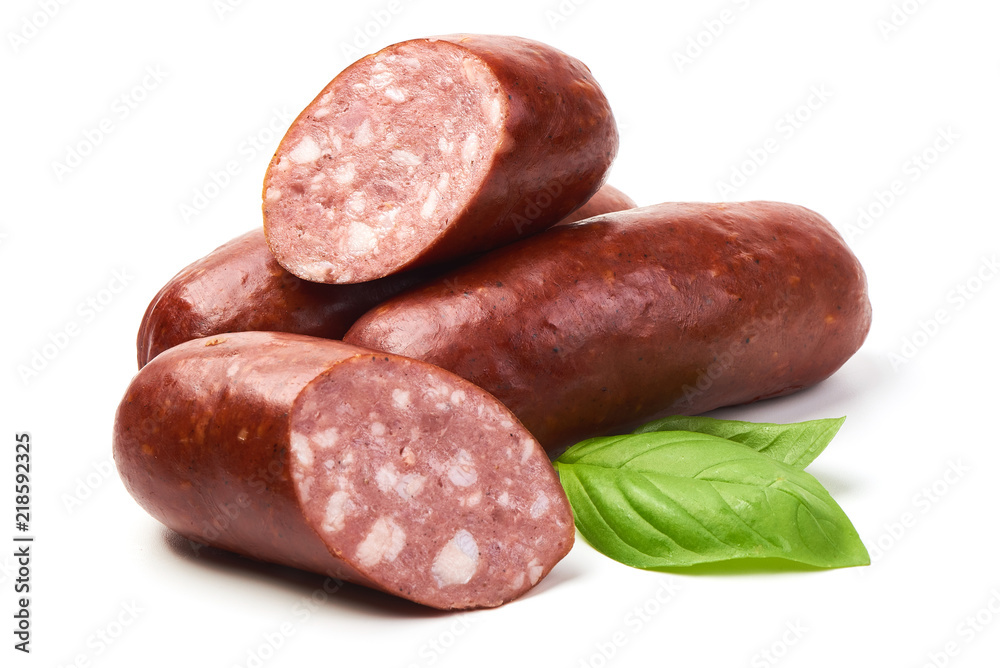 Smoked sausages for grill with basil herb, isolated on white background. Smoked sausages for grill with basil herb, isolated on white background.