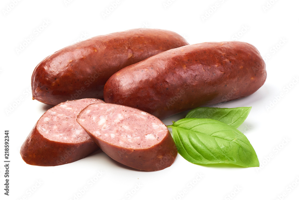 Grill sausages with basil herb, isolated on white background. Grill sausages with basil herb, isolated on white background.