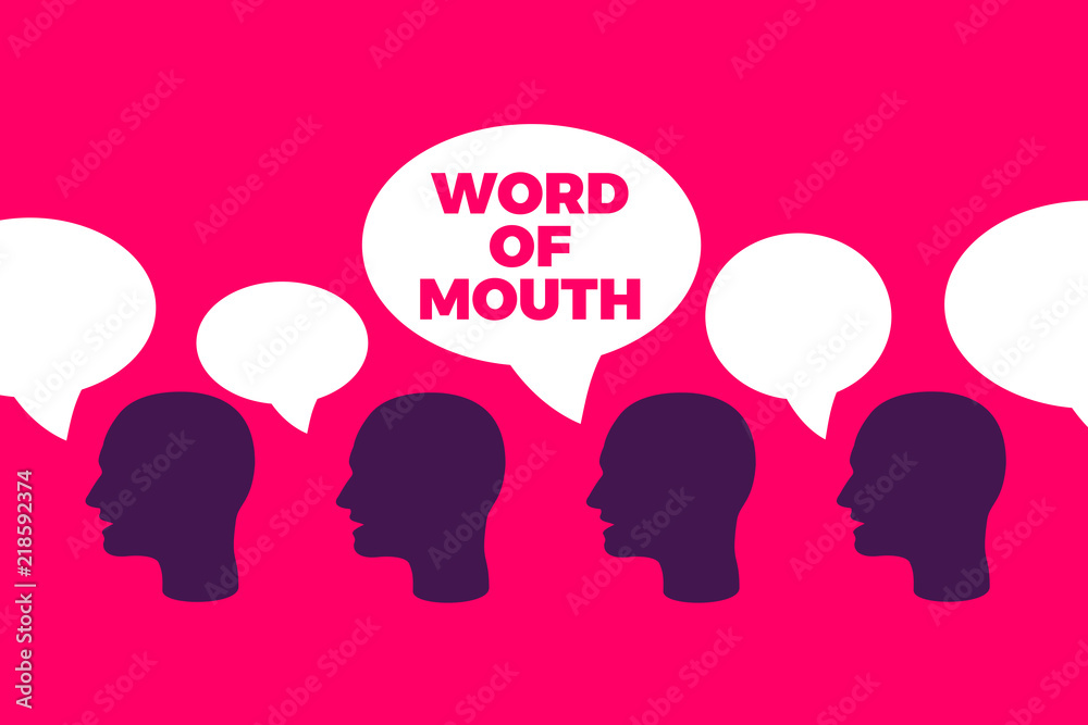 Word of mouth - organic spread of information through social talking and speaking by people in the society. Vector illustration of oral promotion and reference