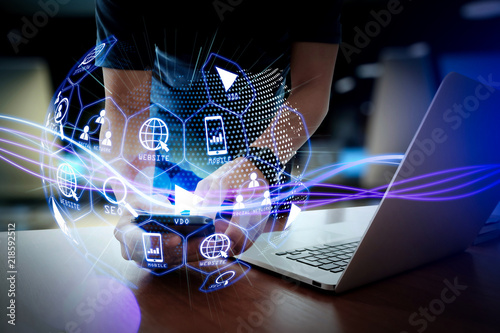 Digital marketing media (website ad, email, social network, SEO, video, mobile app) in virtual globe shape diagram.
