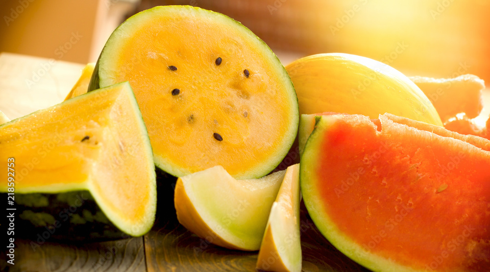 Watermelon, cantaloupe (melon) - sweet, juicy and refreshing  fruit in warm summer days