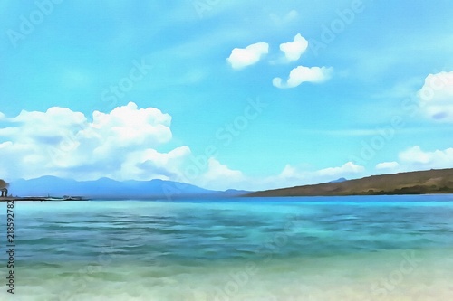 Wallpaper Mural Oil painting. Art print for wall decor. Acrylic artwork. Big size poster. Watercolor drawing. Modern style fine art. Beautiful  tropical exotic landscape. Paradise. Resort view. Blue sky. Wild lake.  Torontodigital.ca