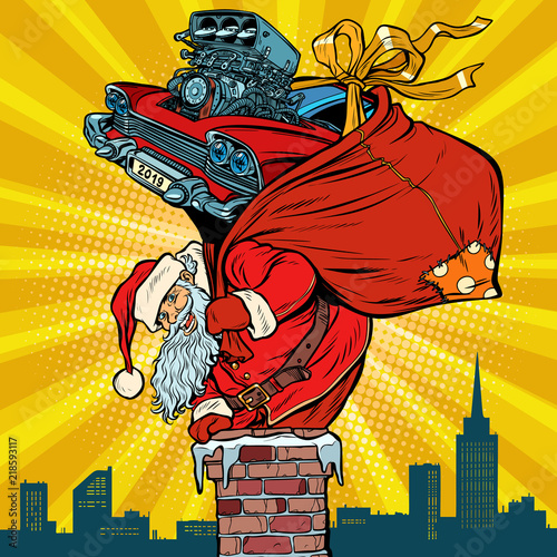 retro racing car. Santa Claus with gifts climbs into the chimney