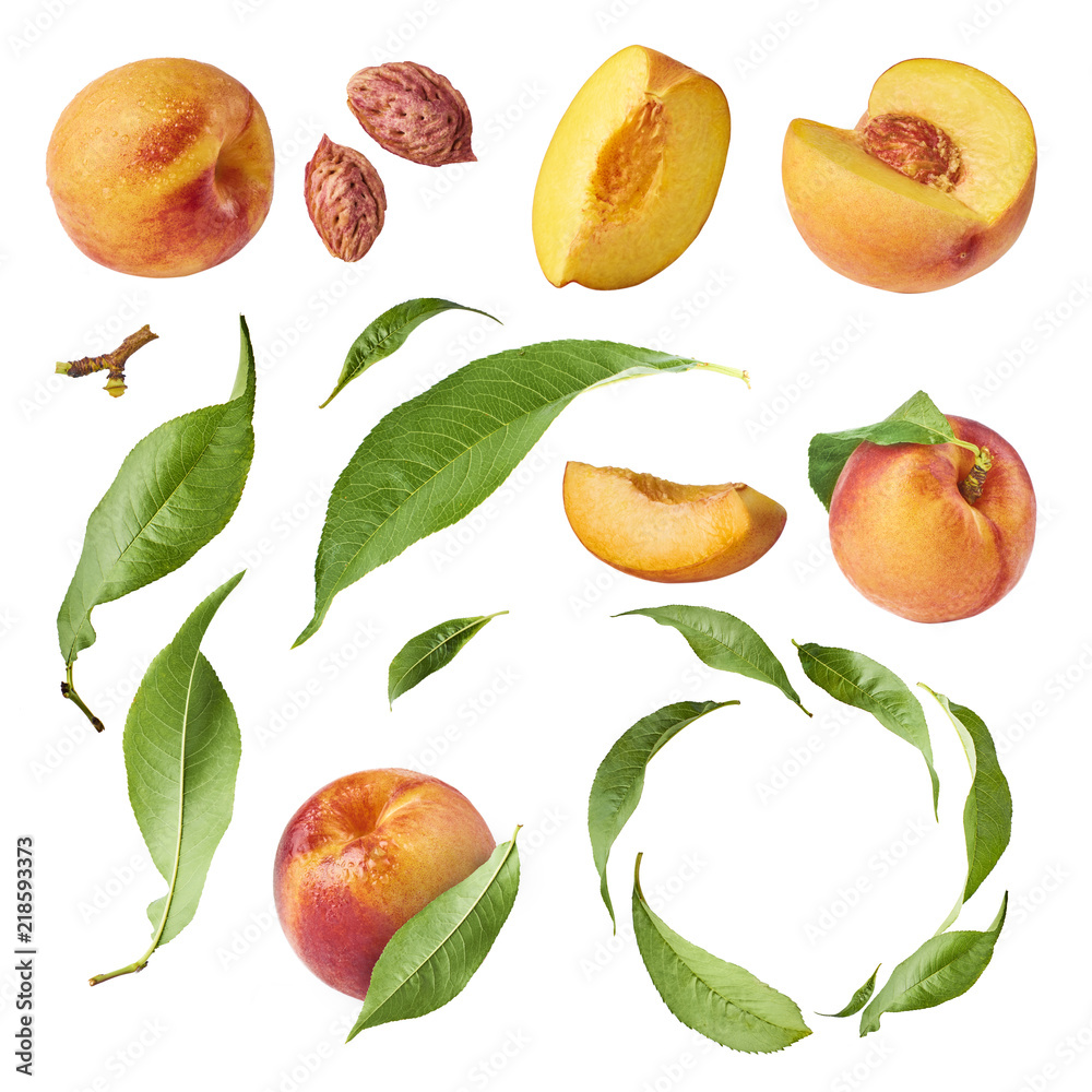 Set with different parts of fresh ripe peaches and leaves Set with different parts of fresh ripe peaches and leaves