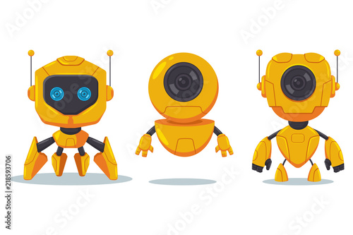 Cute robot and cyborg vector flat cartoon character set isolated on white background.