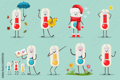 Cute Thermometer in Santa hat, inflatable duck ring, alphabet book and kids, umbrella and autumn leaves, flowers and dabbing pose. Vector cartoon flat temperature character set isolated on background.