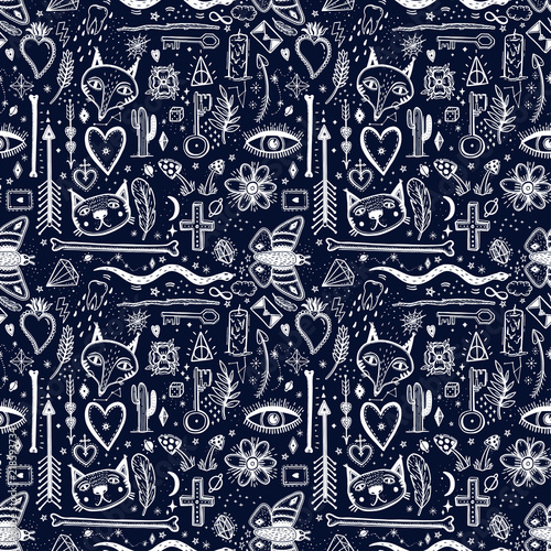 Seamless pattern with magical pattern. Mystical icon hand drawn print. Vector illustration for Halloween.