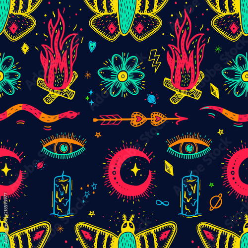 Seamless pattern with magical pattern. Mystical icon hand drawn print. Vector illustration for Halloween.