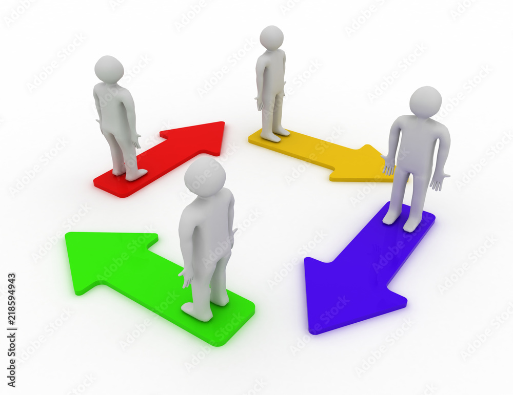 People Standing On Color Arrows . 3d rendered illustration People Standing On Color Arrows . 3d rendered illustration