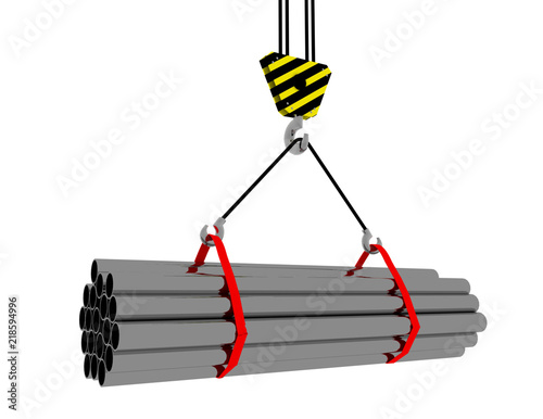 3D rendering of a crane hook with a load of metal rolled products . 3d rendered illustration