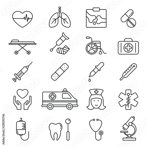 Health care related icons: thin vector icon set, black and white kit