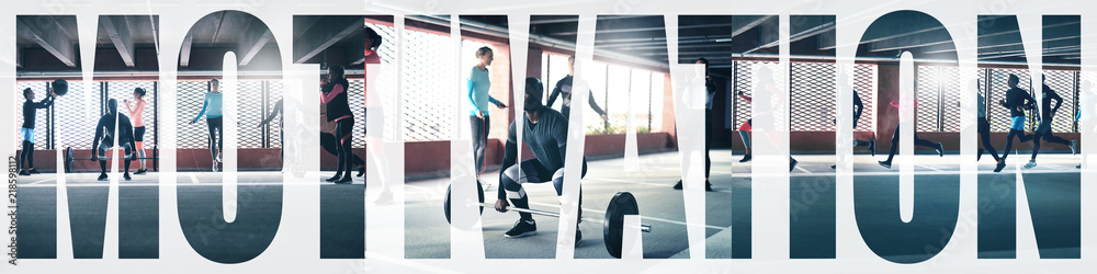 Fototapeta premium Collage of fit people working out together in a gym