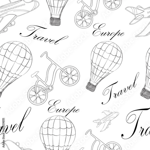 Pattern travel, with different means of transportation and inscriptions