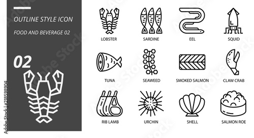 Outline icon pack for food and beverage, lobster, sardine, eel, squid, tuna, seaweed, smoked salmon, claw crab, rib lamb, urchin, shell, salmon roe.
