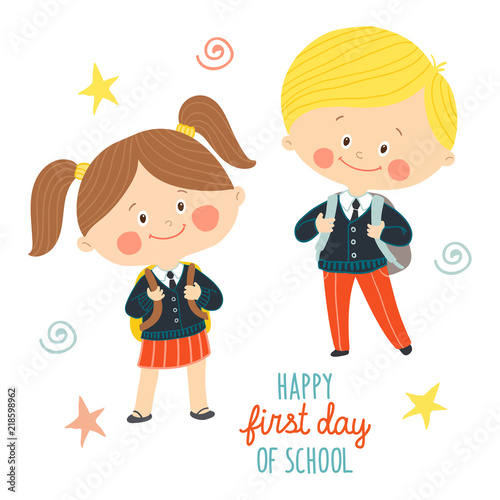 Funny hand drawn kids in school uniforms with schoolbags. Cute boy and girl with backpacks. Happy first day of school card design.Cartoon vector eps 10 illustration on white background in flat style.