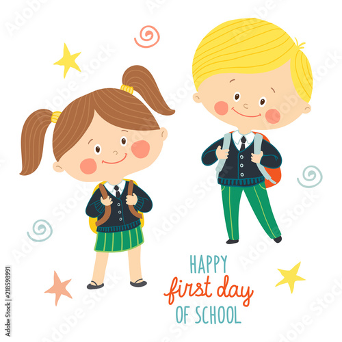 Funny hand drawn kids in school uniforms with schoolbags. Cute boy and girl with backpacks. Happy first day of school card design.Cartoon vector eps 10 illustration on white background in flat style.