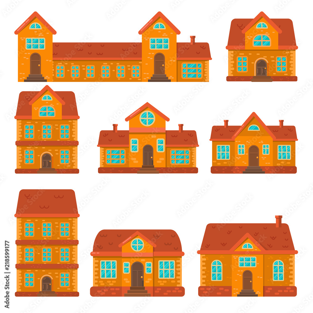 Set of houses illustrations in flat style. Design element for poster, banner , flyer, motion design, web page.
