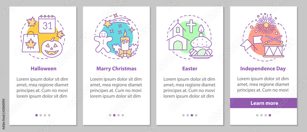 Seasonal holidays onboarding mobile app page screen with linear 