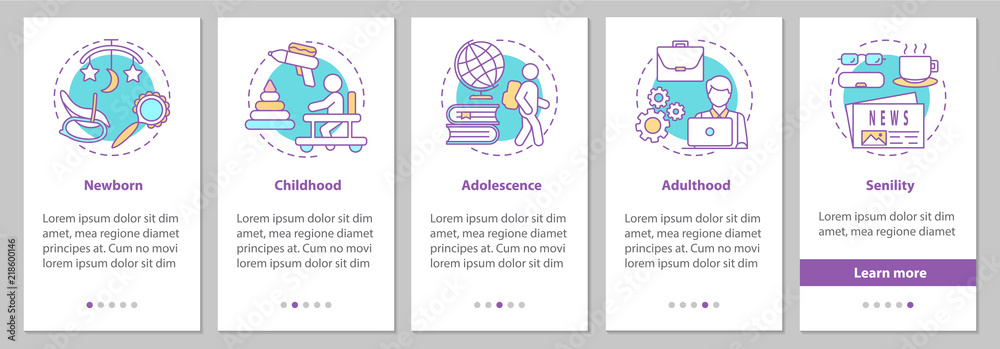Human lifecycle onboarding mobile app page screen with linear co Human lifecycle onboarding mobile app page screen with linear co