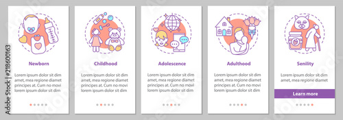 Human lifecycle onboarding mobile app page screen with linear co