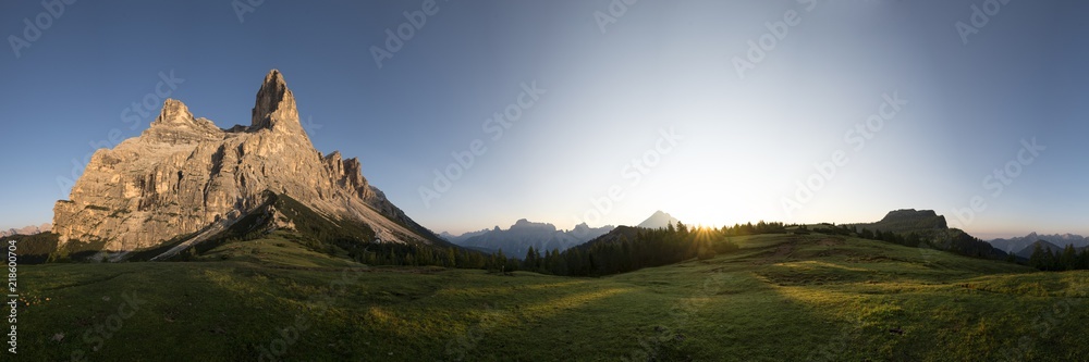 Panoramic view of the sunrise on dolomites