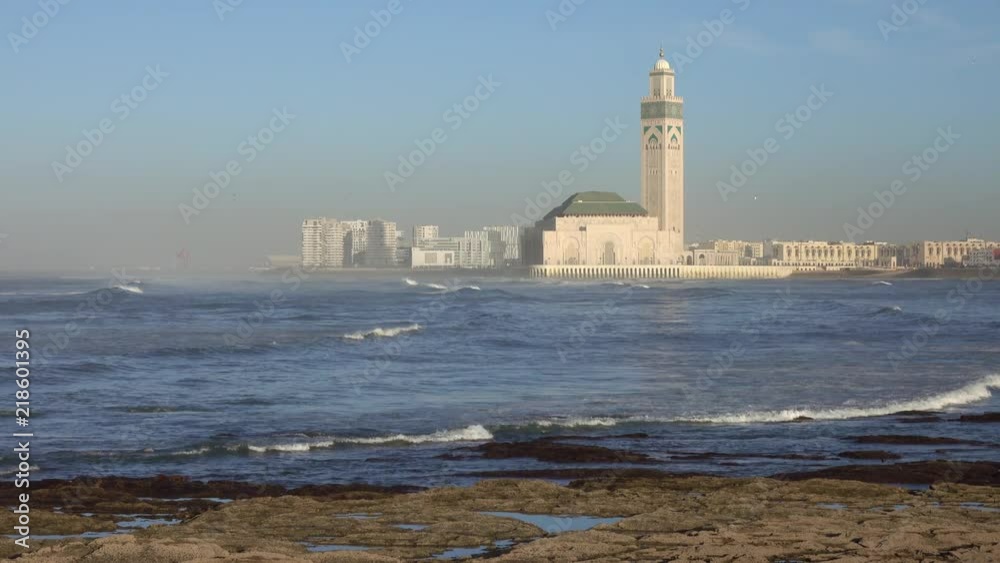 Hassan II mosque in Casablanca and Atlantic ocean waves at sunset, Morocco, 4k Hassan II mosque in Casablanca and Atlantic ocean waves at sunset, Morocco, 4k